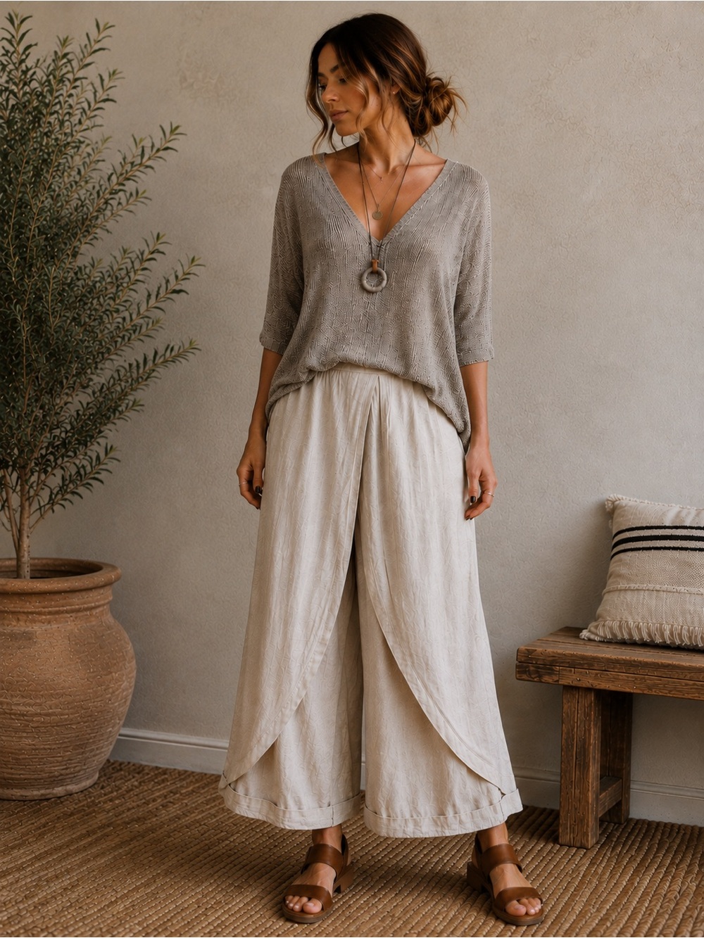 Eileen Fisher 100% Linen V-Neck Boxy Knit Oversized Brown Boho Top